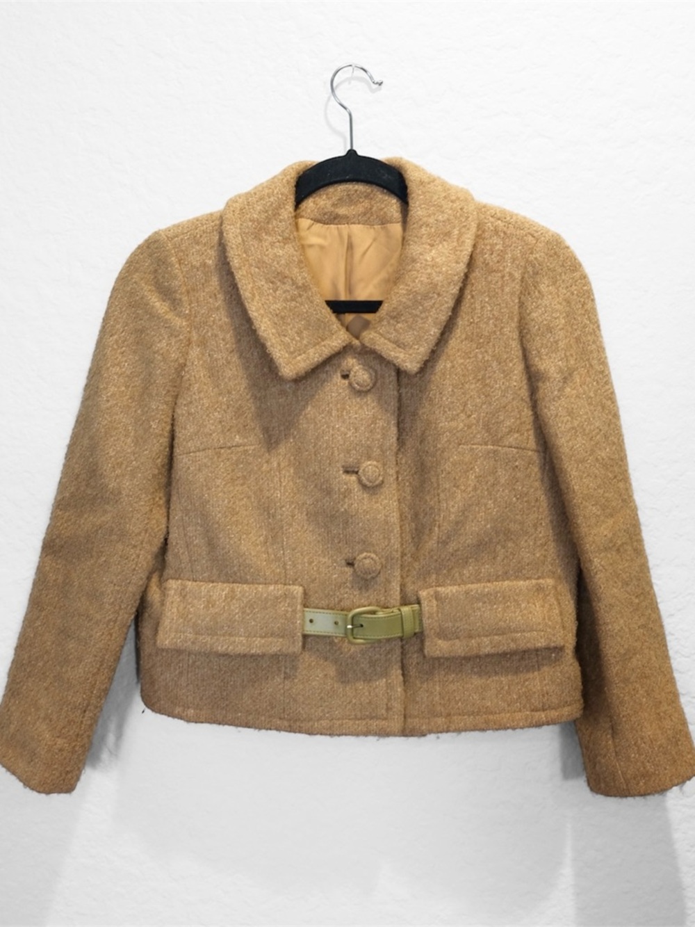 Vintage 60s Betty Rose Luxury Loomed Einiger Wool Jacket Size SP Camel Tan Crop